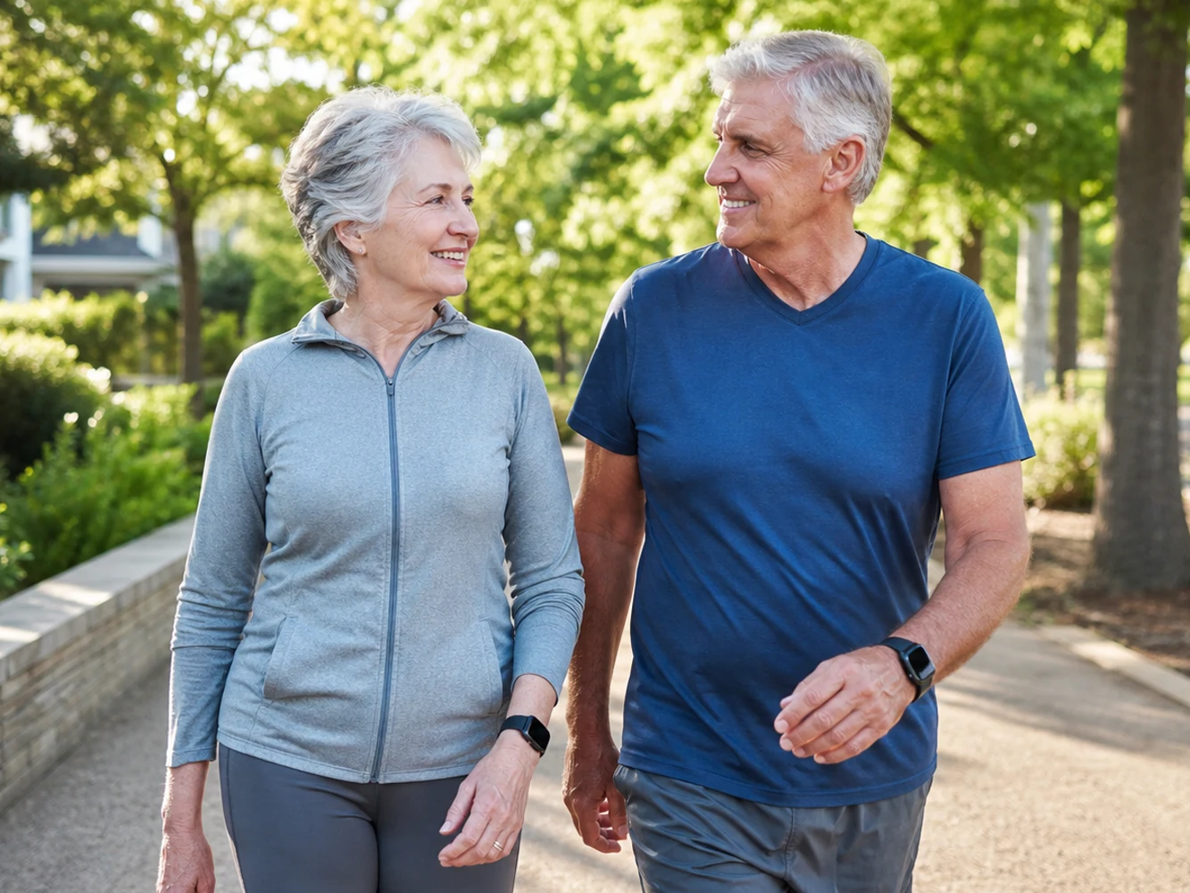 Older adults walking outdoors while wearing a smart watch