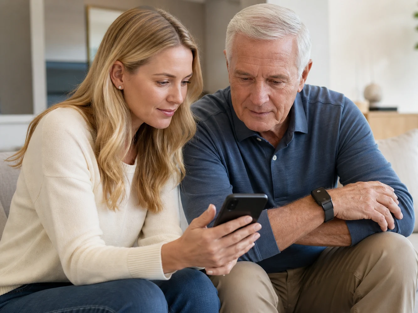 Family member reviewing health trends on a phone while a parent wears a smart watch